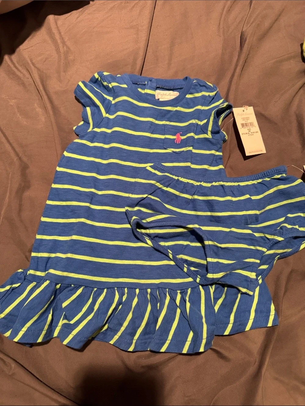 Ralph Lauren Blue and Lime Striped Girls' Dress with Bloomer 2 pieces 9M set